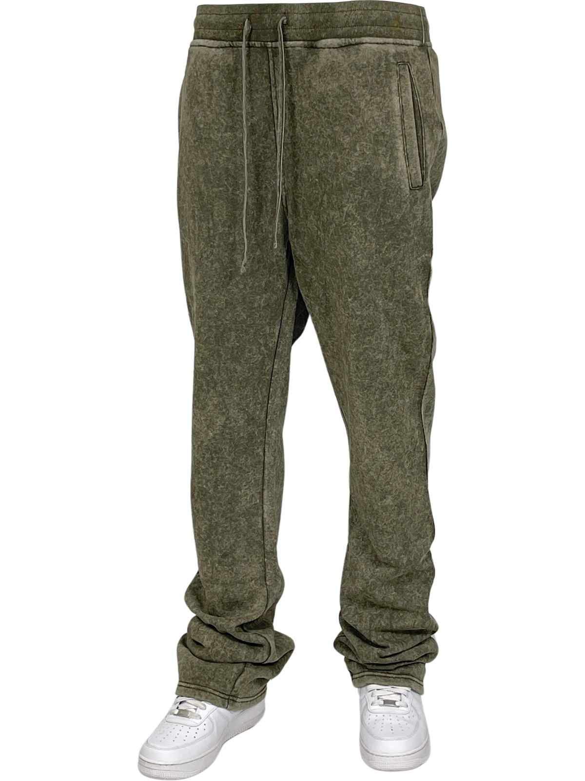Acid Wash Stack Fleece Pants - Olive