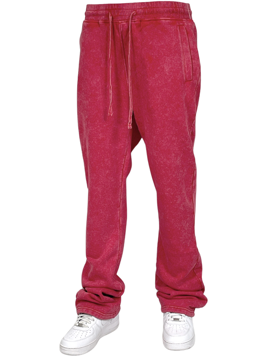 Acid Wash Stack Fleece Pants - Red
