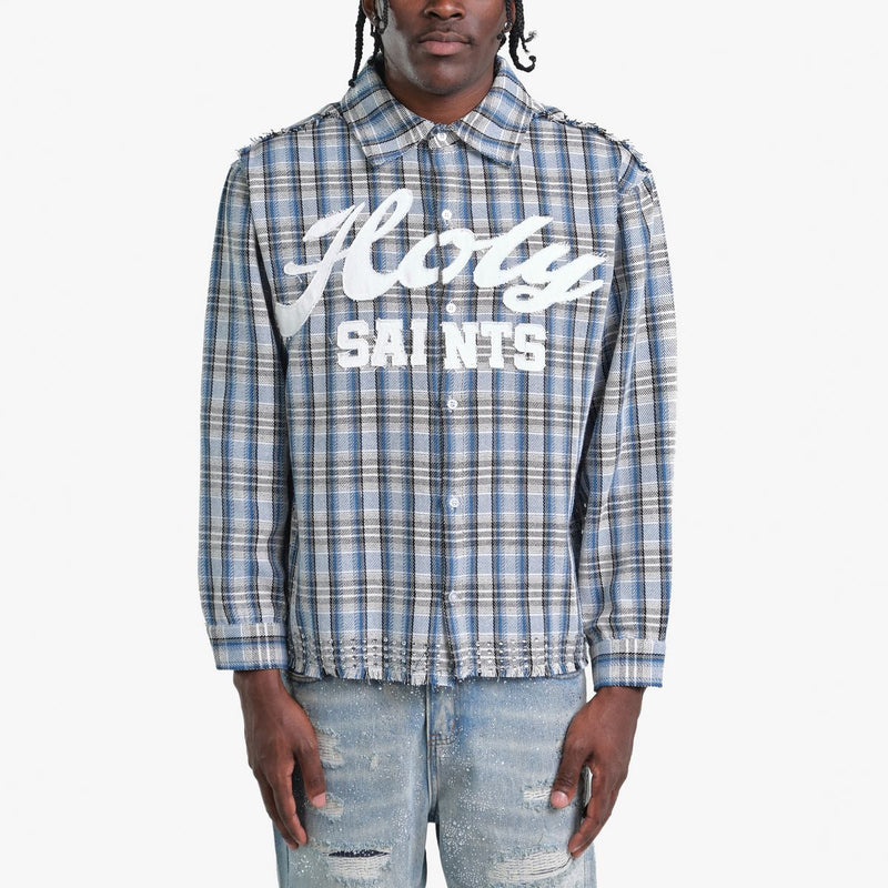 Men's Holy Saints Plaid Flannel Long Sleeve Button-Up Shirt — alternate view