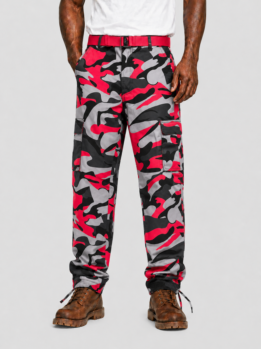 Camo Cargo Pants w/ Belt - Black/Red