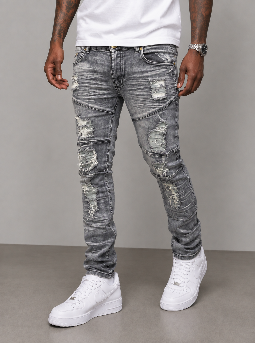 Ripped Denim Pants - Grey