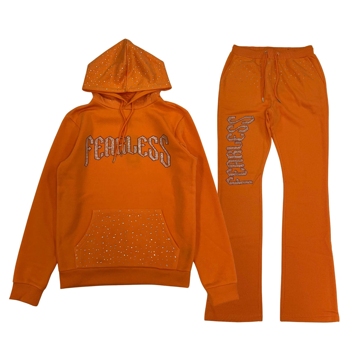 Fearless Rhinestone Fleece Hoodie Set - Orange