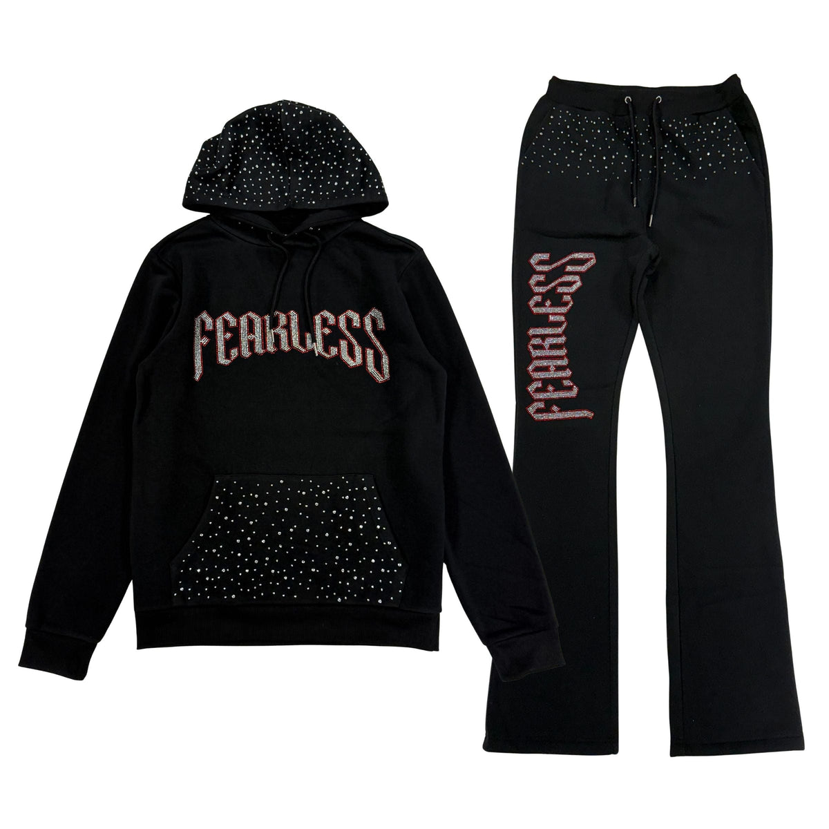 Fearless Rhinestone Fleece Hoodie Set - Black