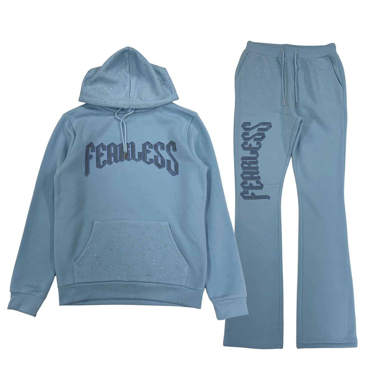 Fearless Rhinestone Fleece Hoodie Set - Lt.Blue