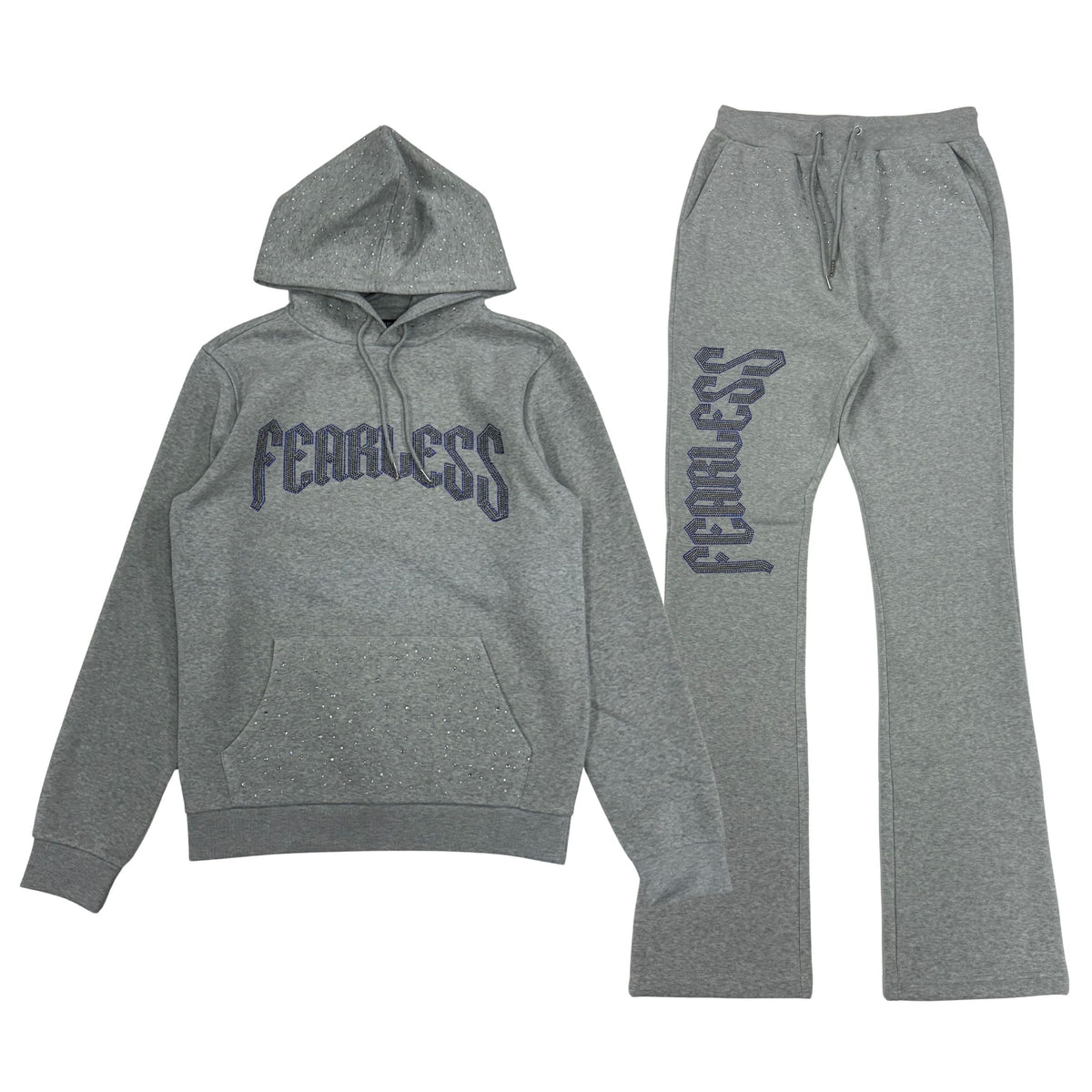 Fearless Rhinestone Fleece Hoodie Set - H.Grey