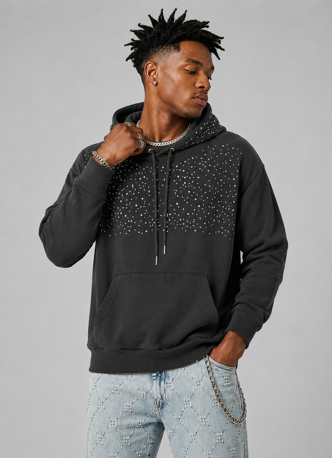 Men's Rhinestone Embellished Fleece Hoodie