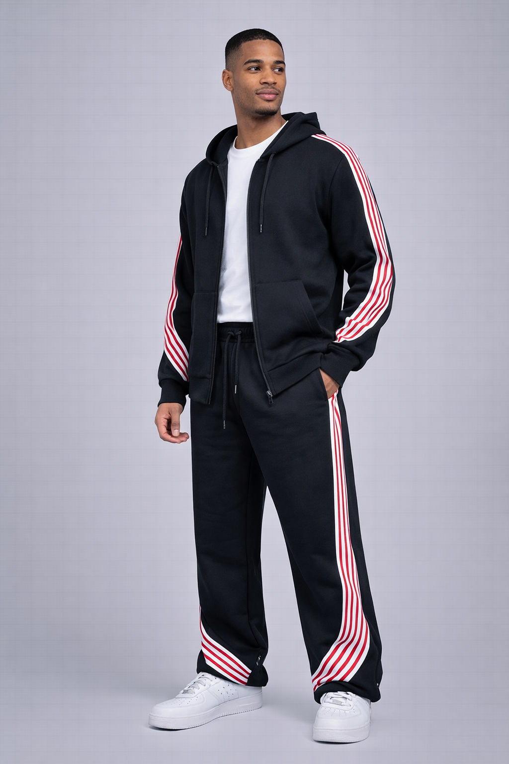 Stripe Fleece Hoody - Black/Red detail