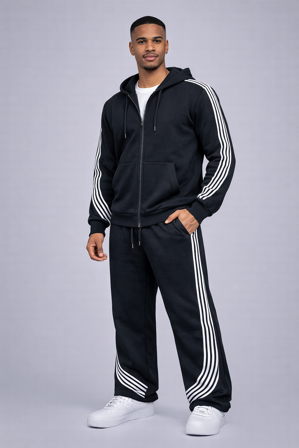 Stripe Fleece Hoody - Black/White detail
