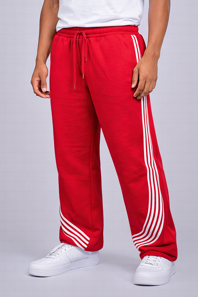 Stripe Baggy Fleece Pants - Red