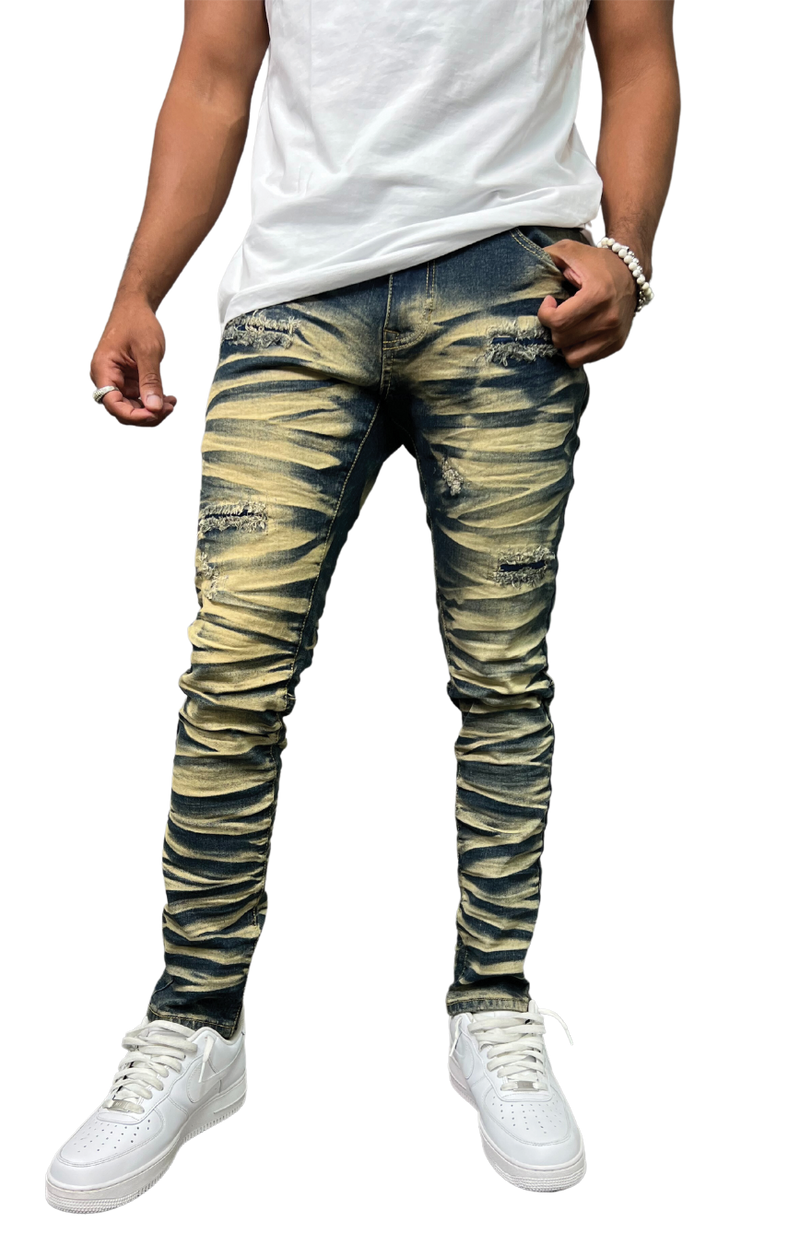 Slashed Wash Slim Fit Denim Pants - Terra