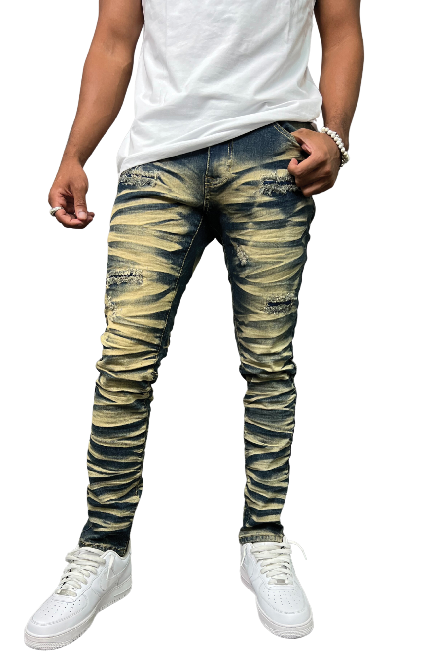 Slashed Wash Slim Fit Denim Pants - Terra