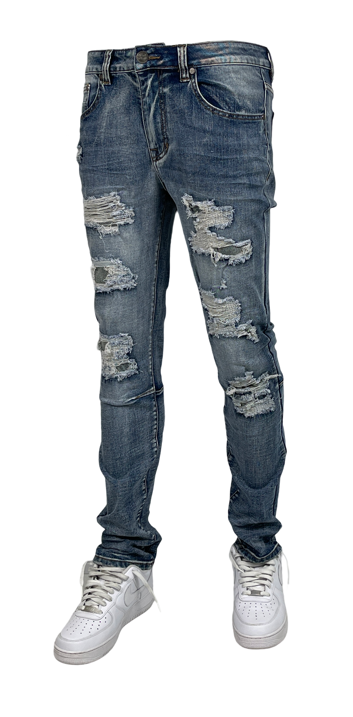 B&T Slim Fit Rip & Repair Jeans - Dark Wash
