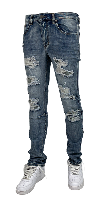 B&T Slim Fit Rip & Repair Jeans - Dark Wash