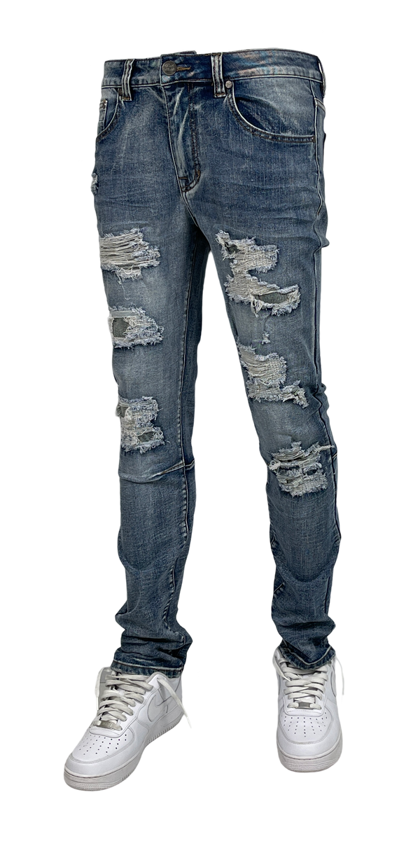 B&T Slim Fit Rip & Repair Jeans - Dark Wash