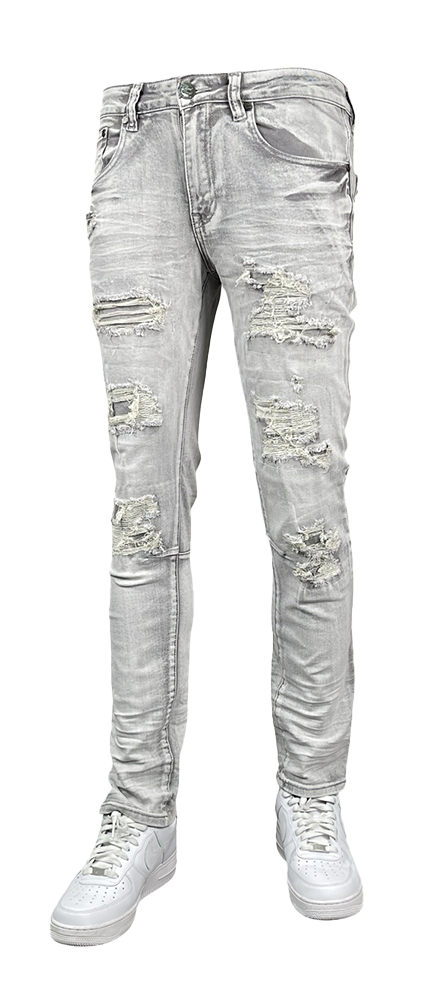 Slim Fit Rip & Repair Jeans - Grey Wash