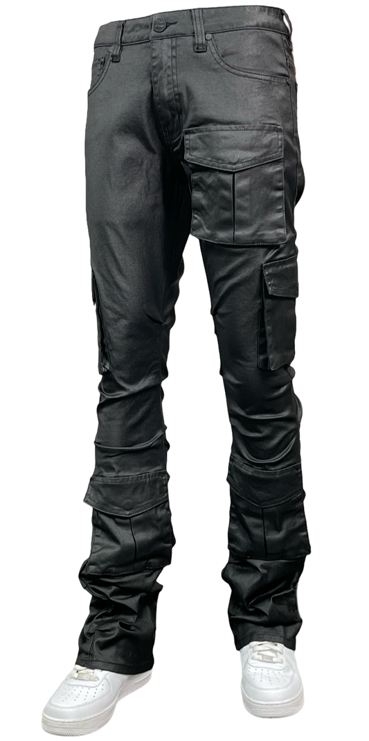 Coated Cargo Denim Jeans - Coated Black