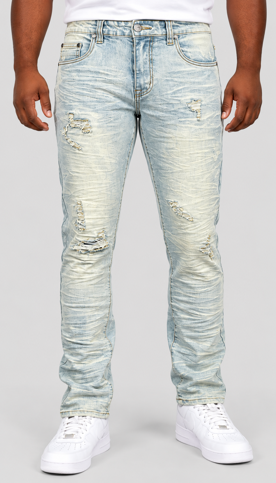 B&T Slim-Fit Distressed Jeans - Lt Indigo