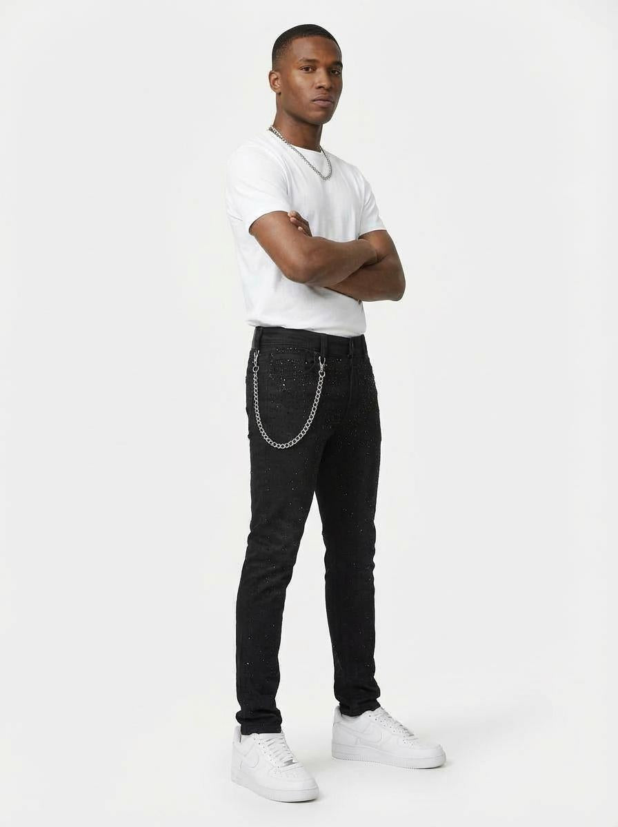 Coated Slim-Fit Rhinestone Jeans