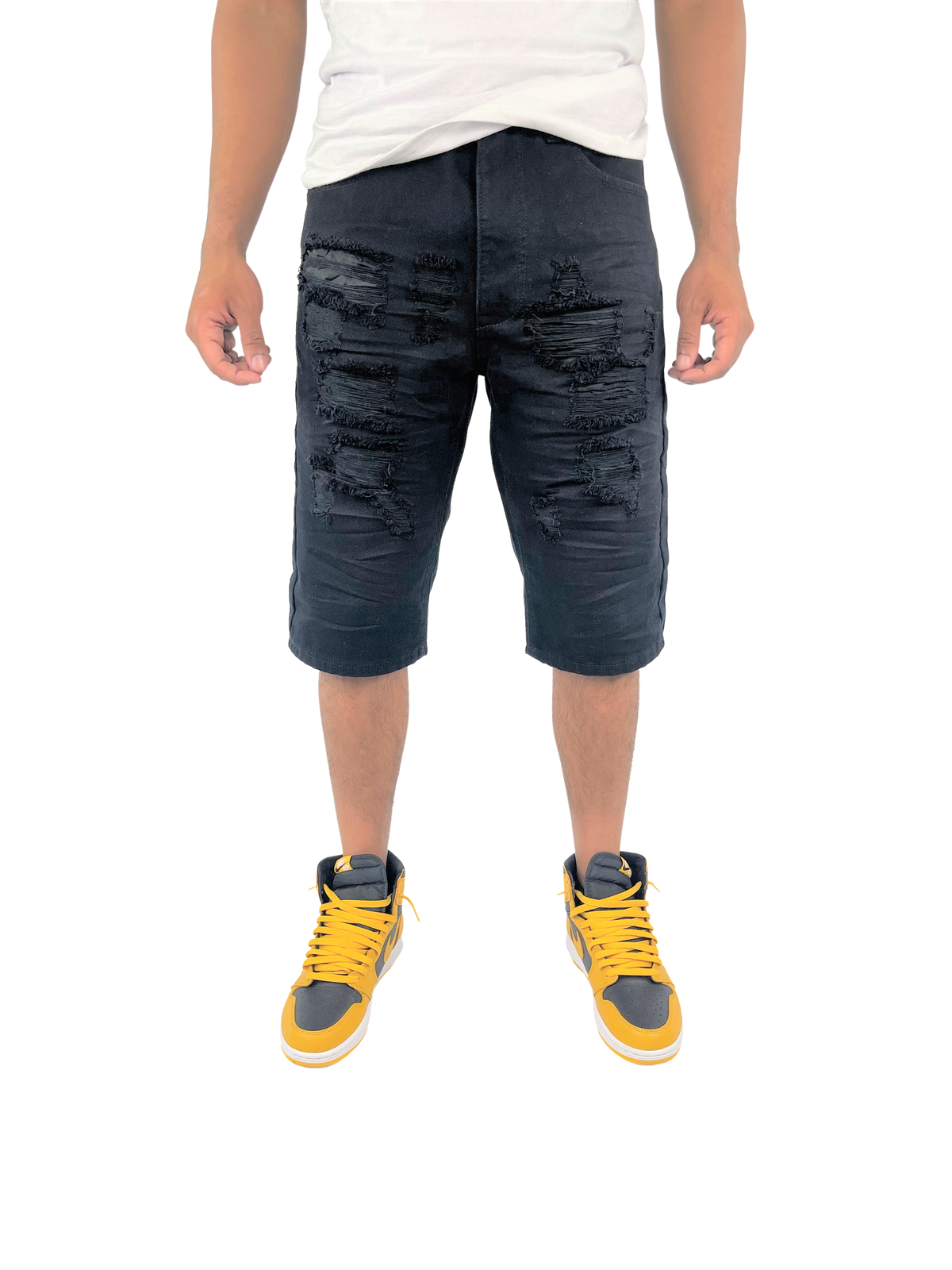 Distressed Solid Twill Shorts - Black