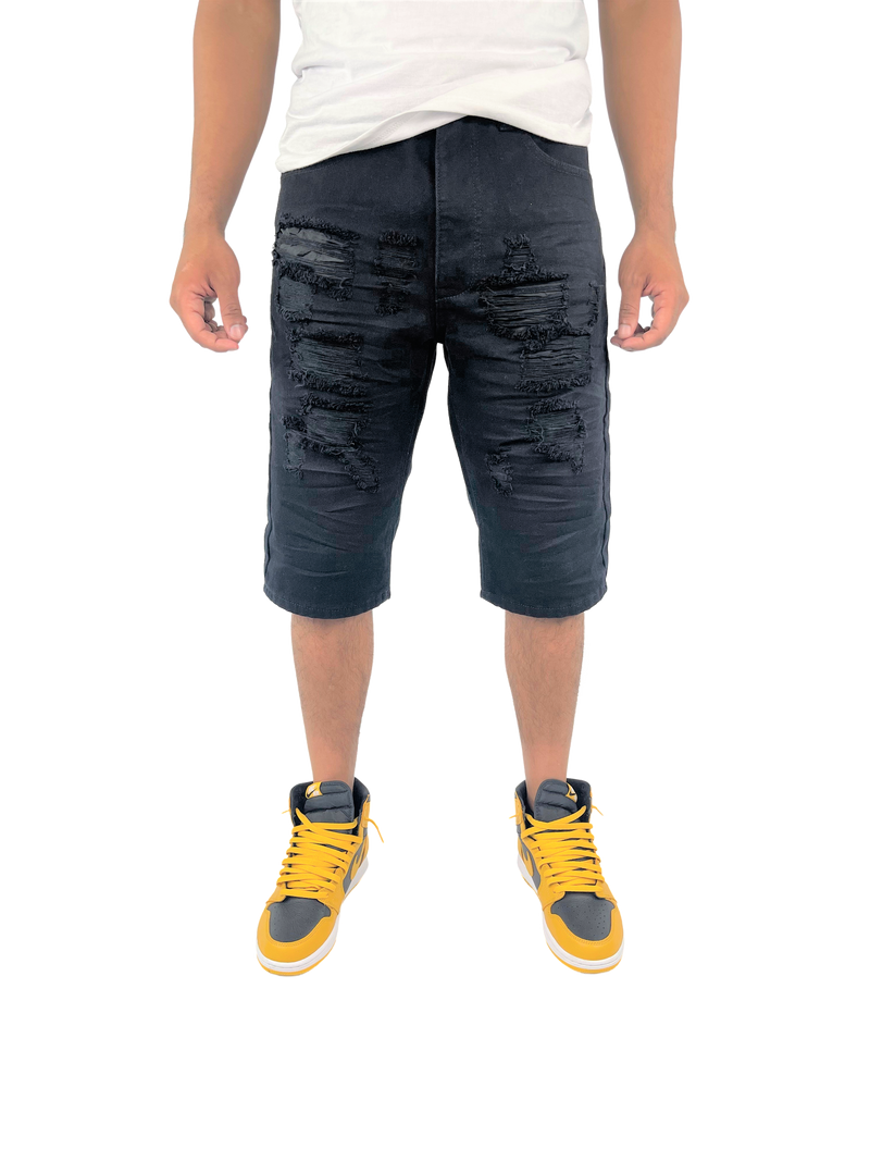 Distressed Solid Twill Shorts - Black