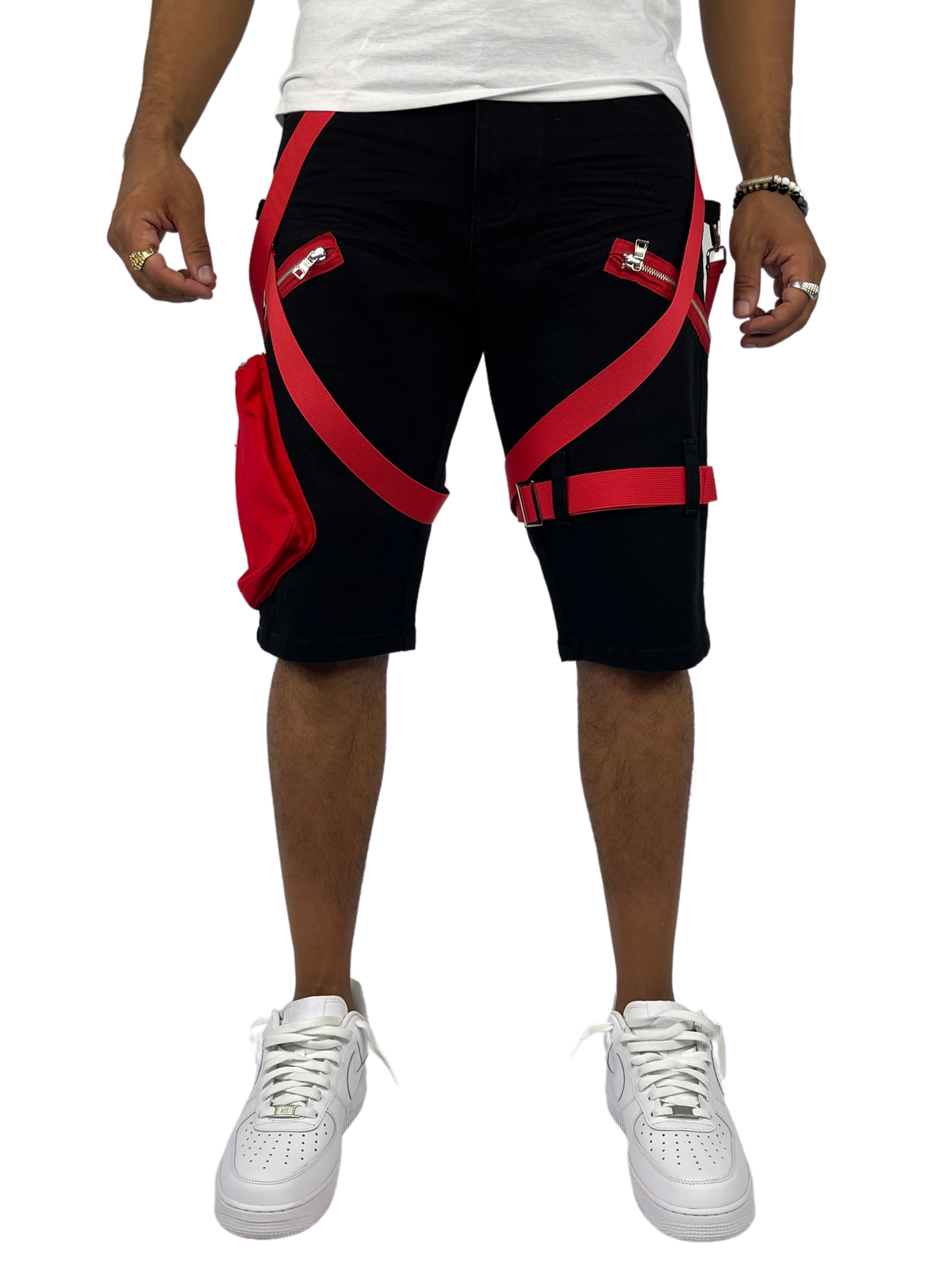 Strap Cargo Shorts - Black/Red
