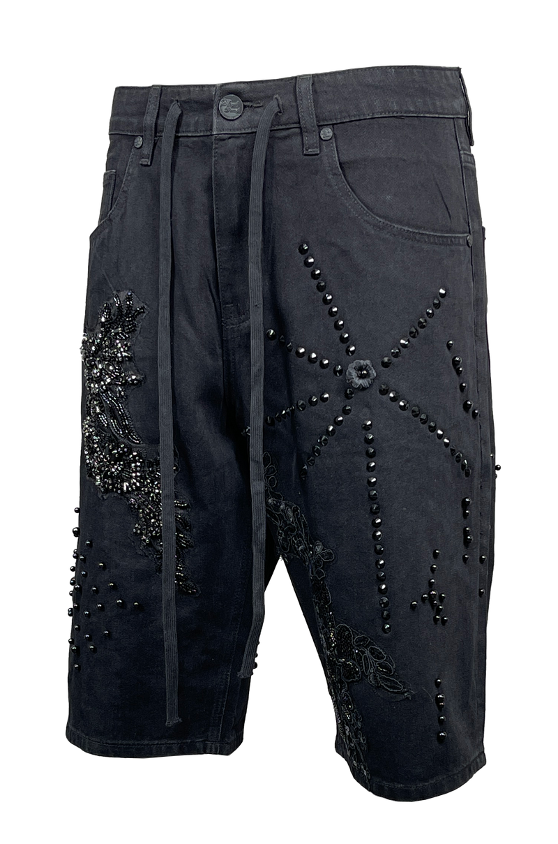 Men's Lace & Pearl Drawstring Denim Shorts — alternate view