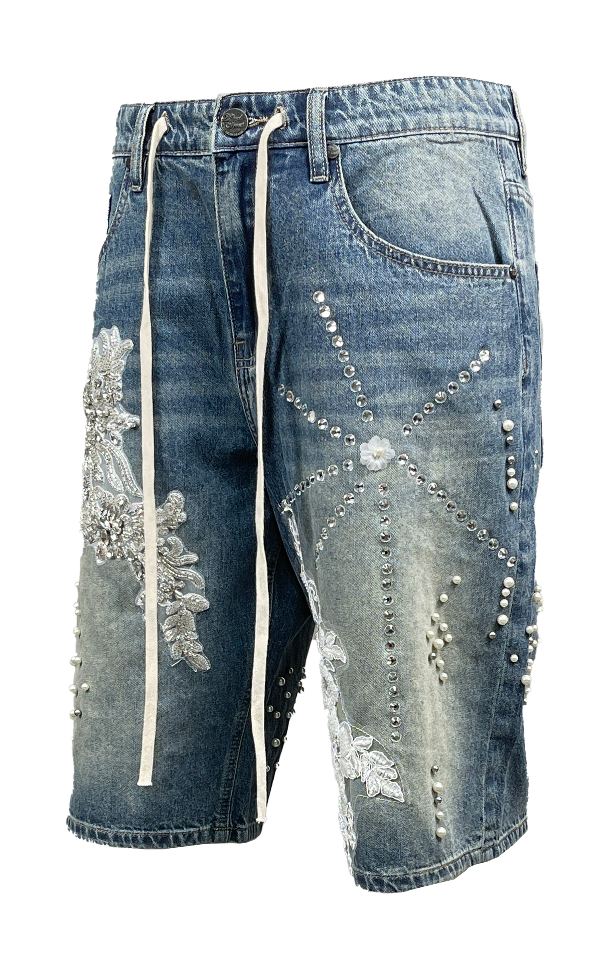 Lace/Pearl Denim Shorts - Med Blue