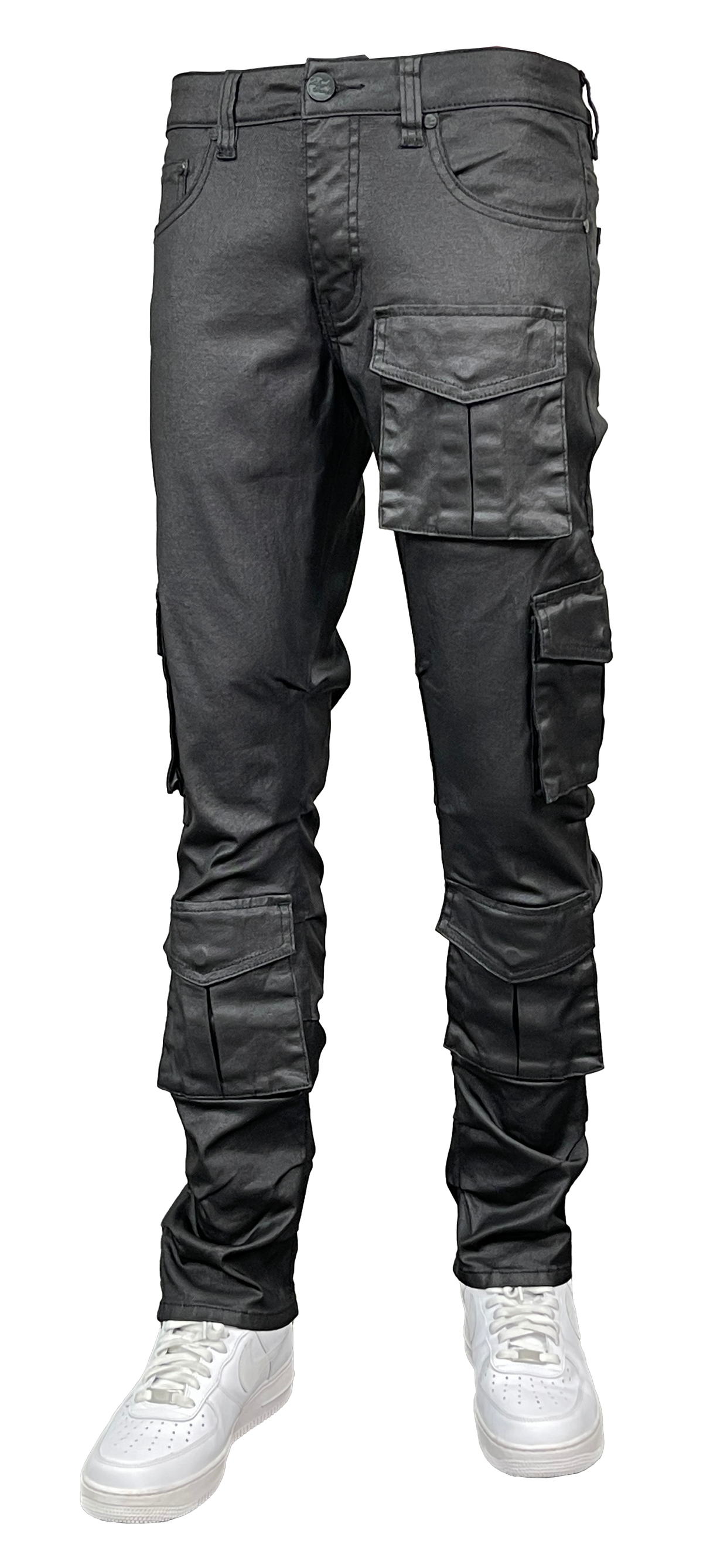 Coated Slim-Fit Cargo Jeans - Wax Black