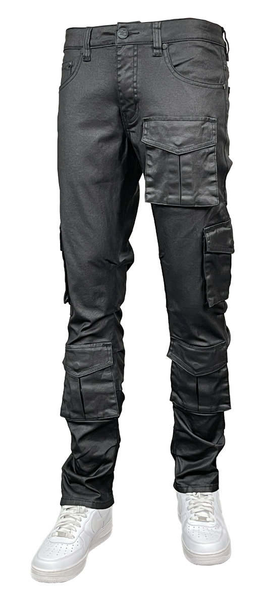 Coated Slim-Fit Cargo Jeans - Wax Black