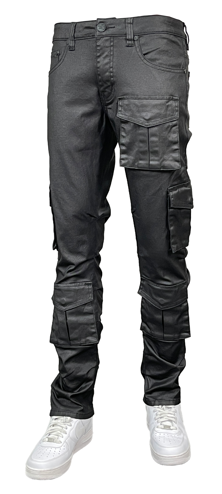 Coated Slim-Fit Cargo Jeans - Wax Black