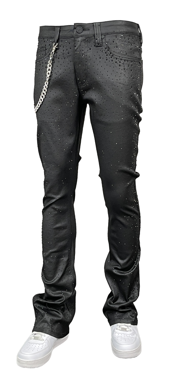 Coated Stack-Fit Rhinestone Jeans - Wax Black