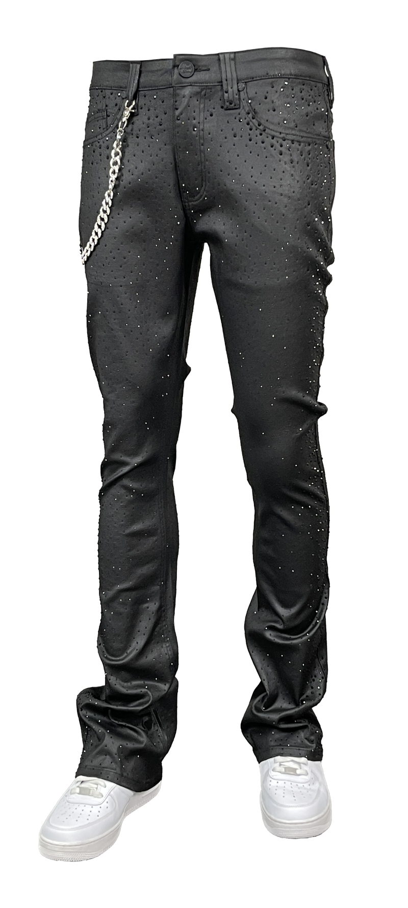 Coated Stack-Fit Rhinestone Jeans - Wax Black