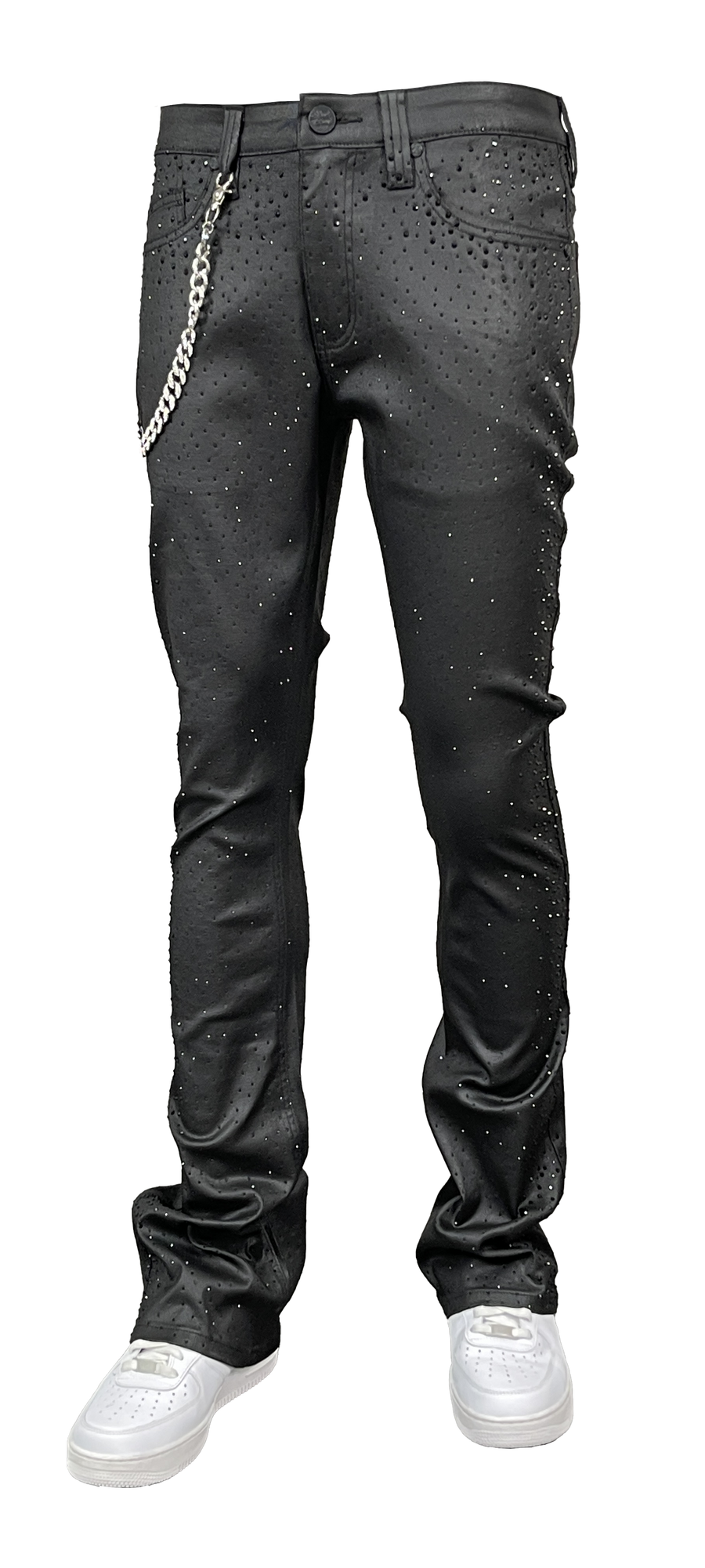 Coated Stack-Fit Rhinestone Jeans - Wax Black
