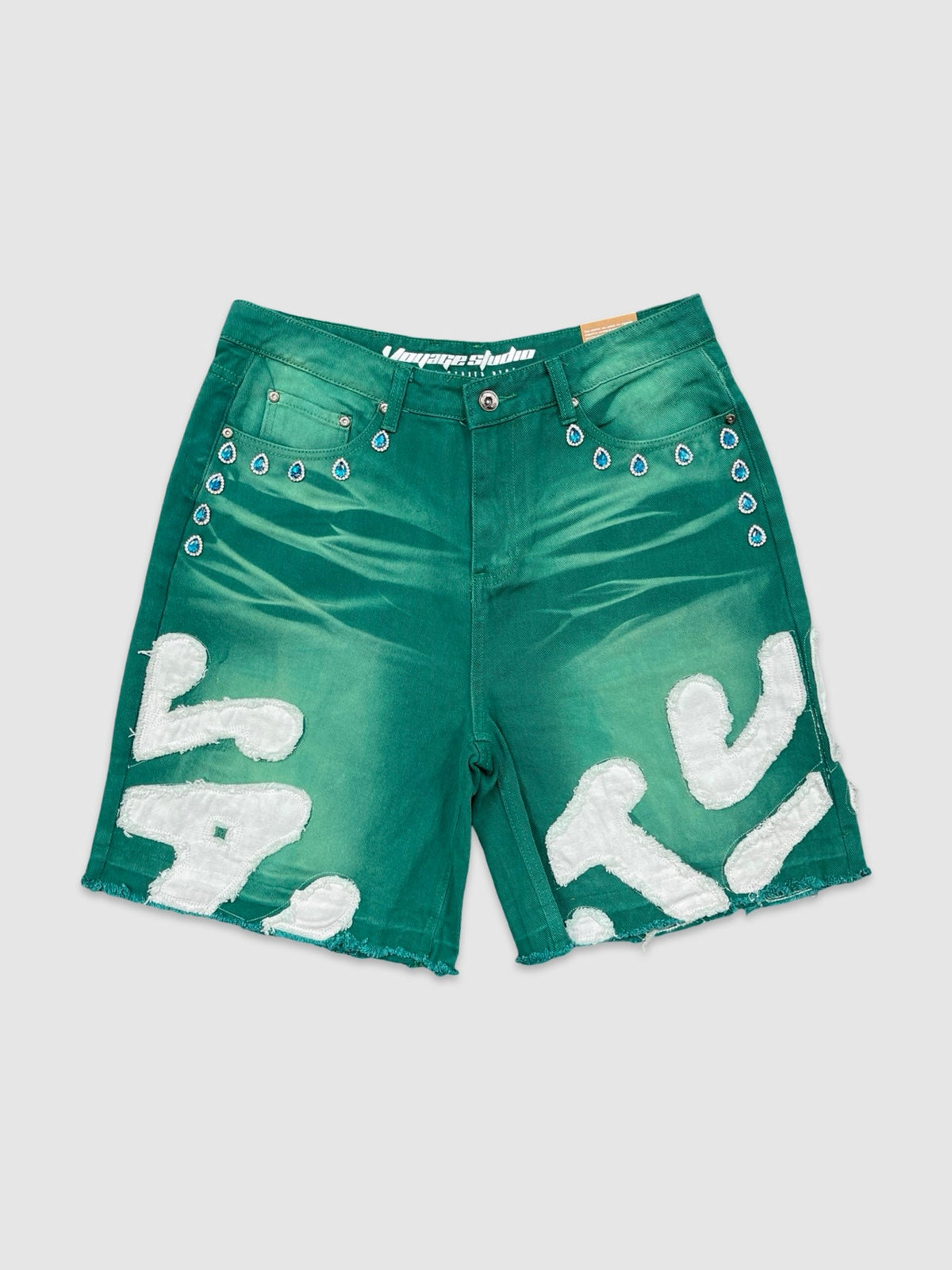 Vanity Stone & Emb Jean Shorts - Green