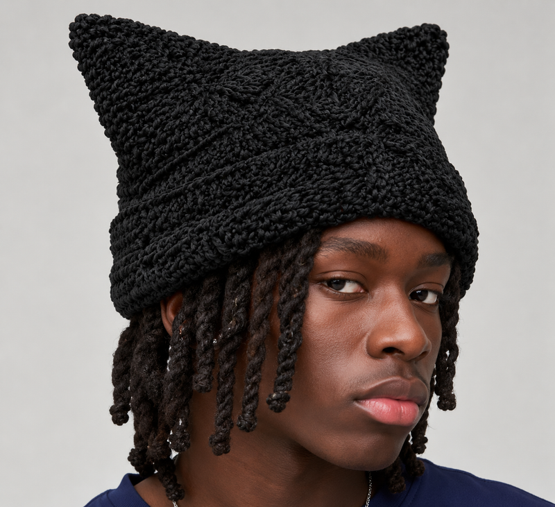 Crochet Square Cat Ear Beanie - Black