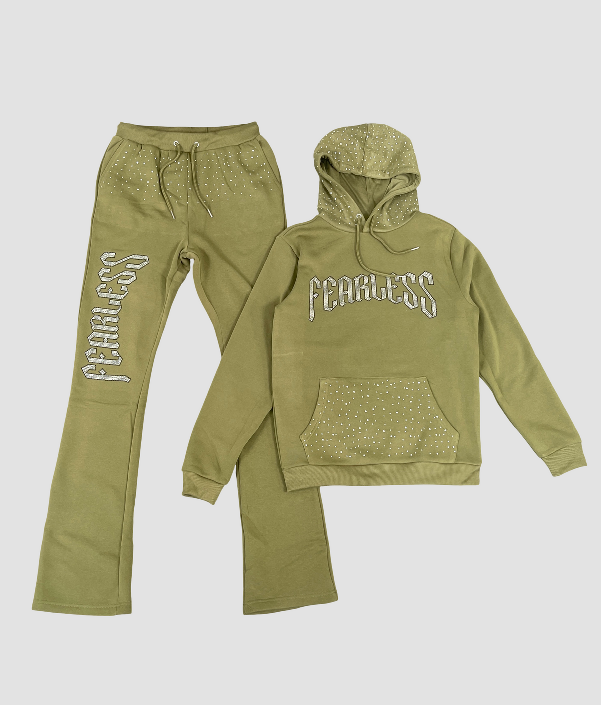 Fearless Rhinestone Fleece Hoodie Set - Olive