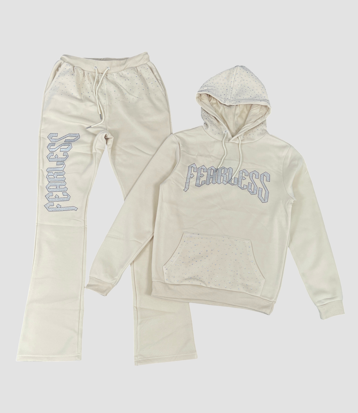 Fearless Rhinestone Fleece Hoodie Set - Khaki