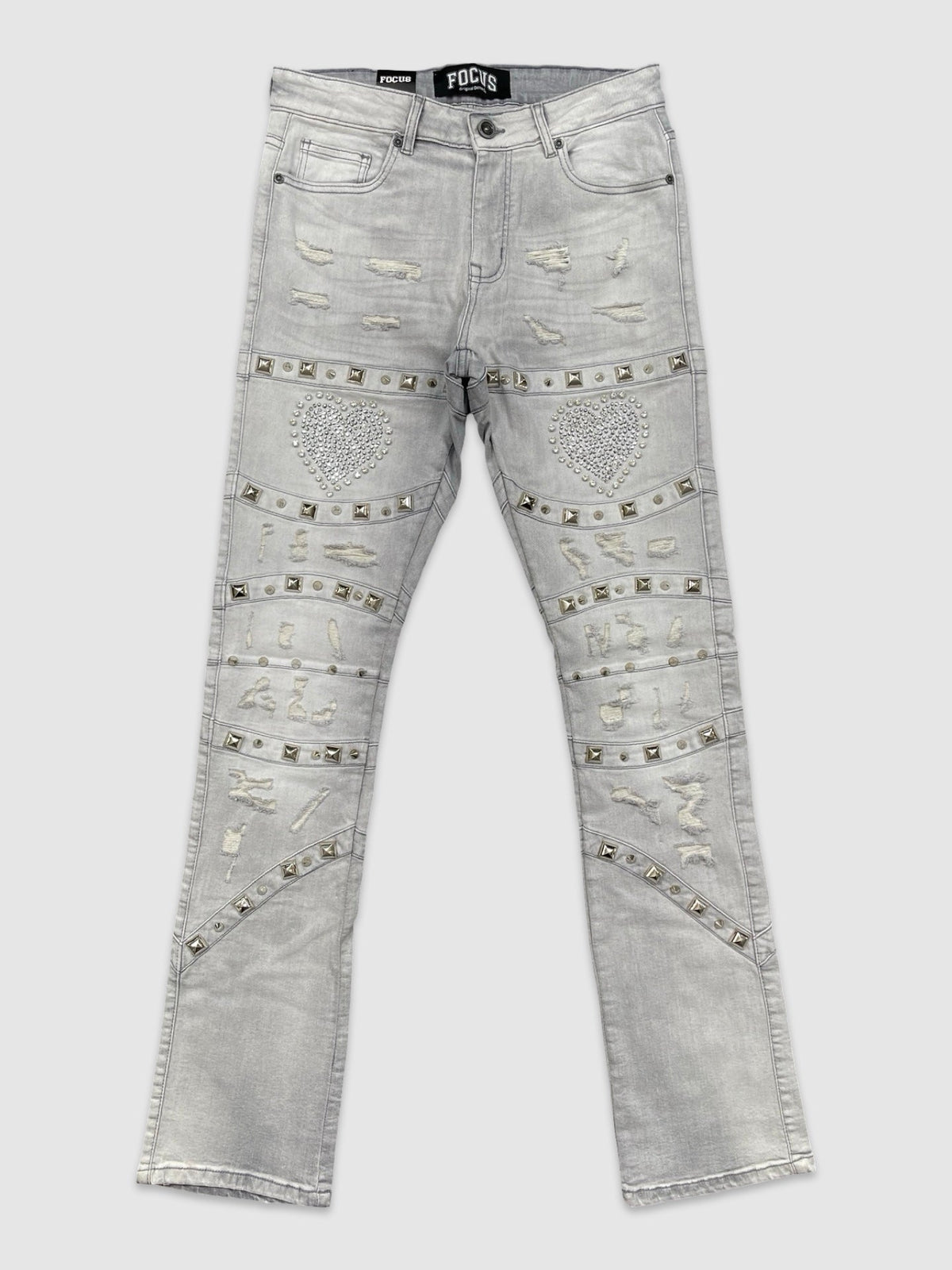Studded Heart Breaker Stacked Denim - Grey