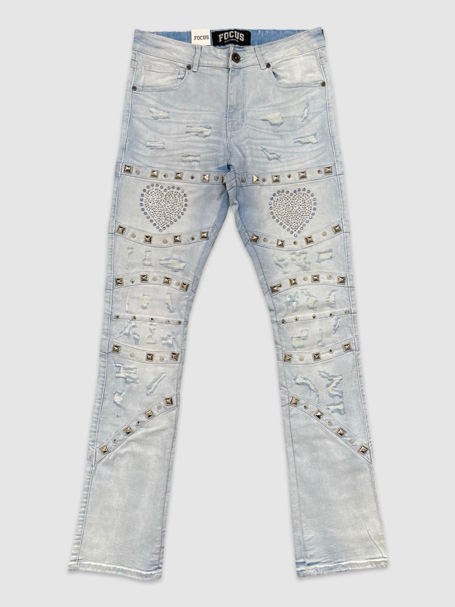 Studded Heart Breaker Stacked Denim - Lt Wash