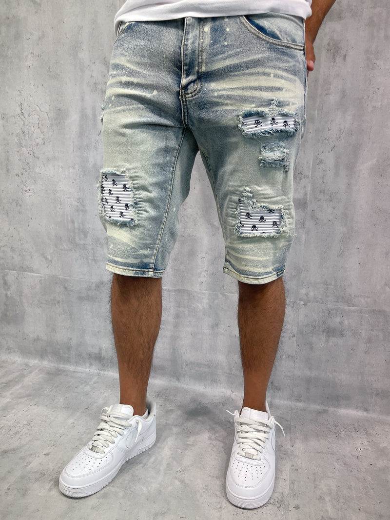 Men's Skull Patch Bleach Wash Denim Shorts — alternate view