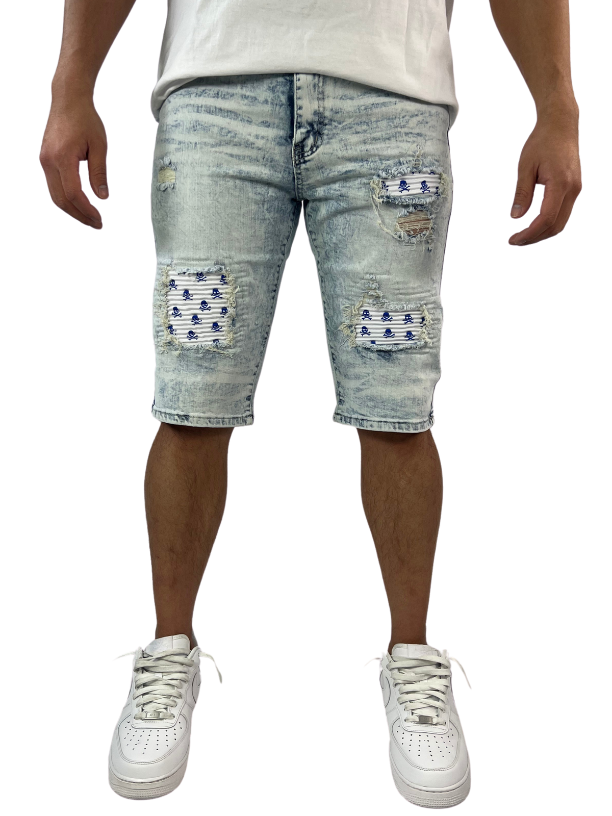 Skull Patch Denim Shorts - Bleach Wash