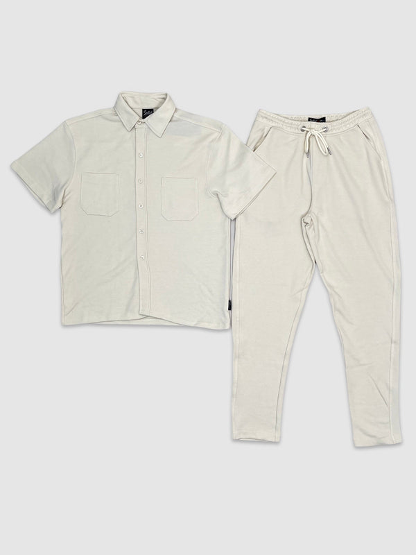 Button Down Pocket Shirt Set - Cream