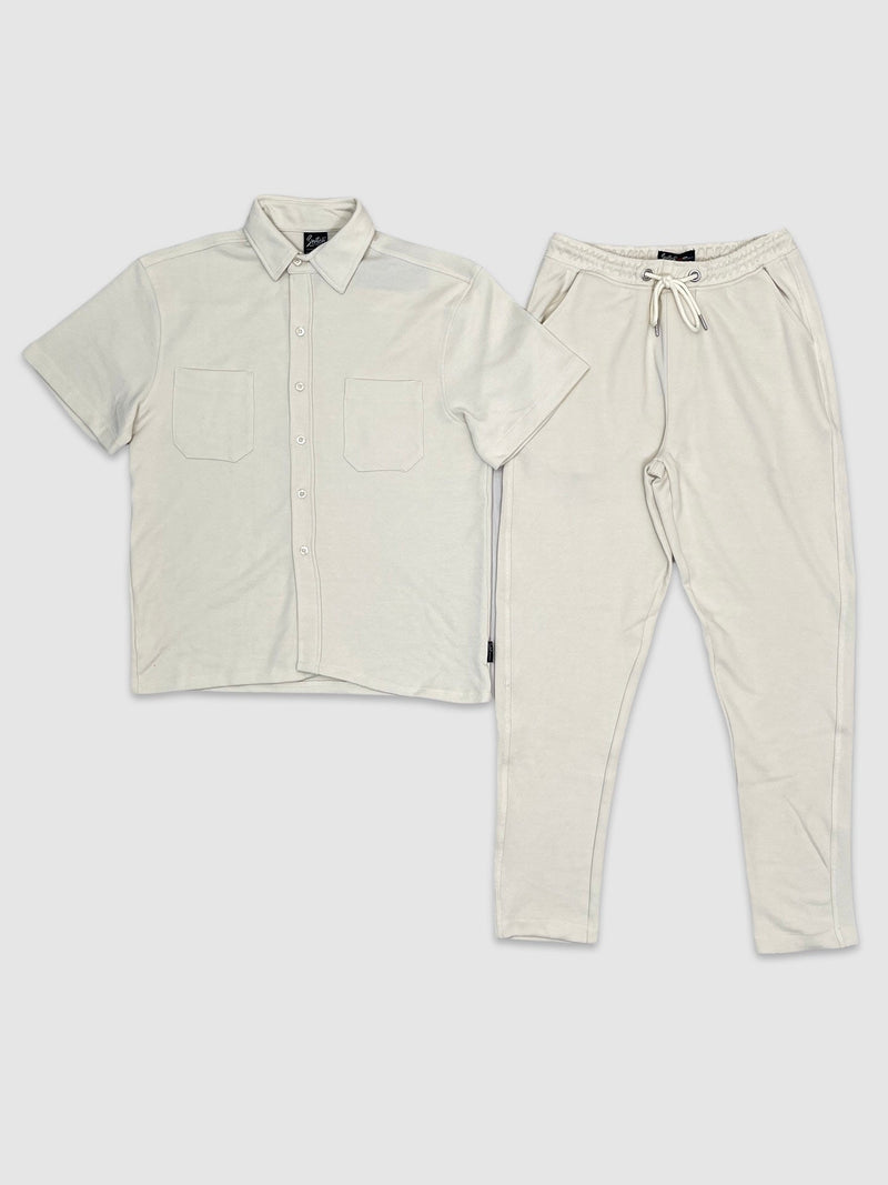 Button Down Pocket Shirt Set - Cream