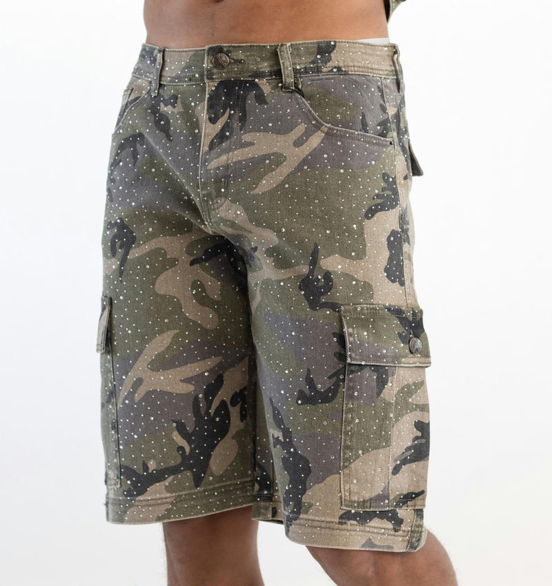 Rhinestone Denim Shorts - Green Camo
