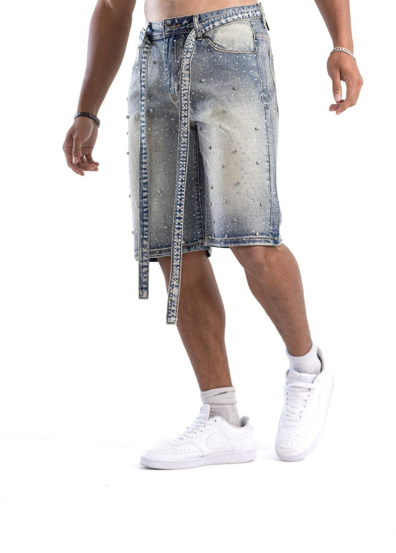 Rhinestone Denim Shorts - Blue