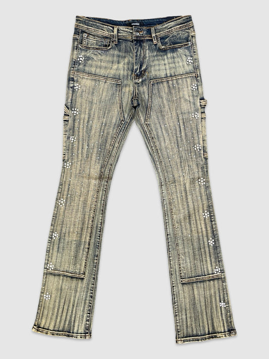 Coated Stack Rhinestone Jeans - Mud Blue Wax