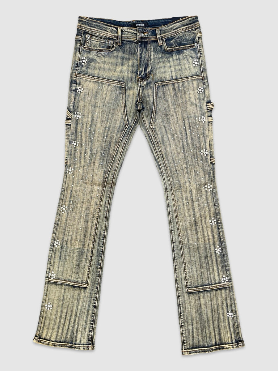 Coated Stack Rhinestone Jeans - Mud Blue Wax