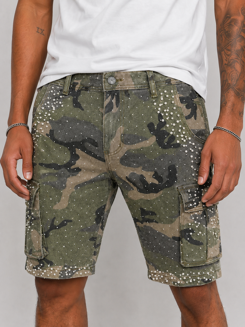 Men's Rhinestone Black Wash Denim Cargo Shorts — alternate view