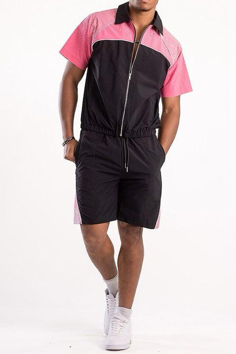 Nylon Zip Rhinestone Shirt & Shorts Set - Black/Pink