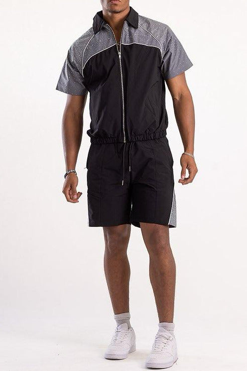 Men's Rhinestone Nylon Zip Shirt & Shorts Set — alternate view